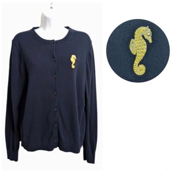 J.Crew The Caryn Cardigan Sweater Cotton Navy Blue Button Front Seahorse L/XL - Picture 1 of 9